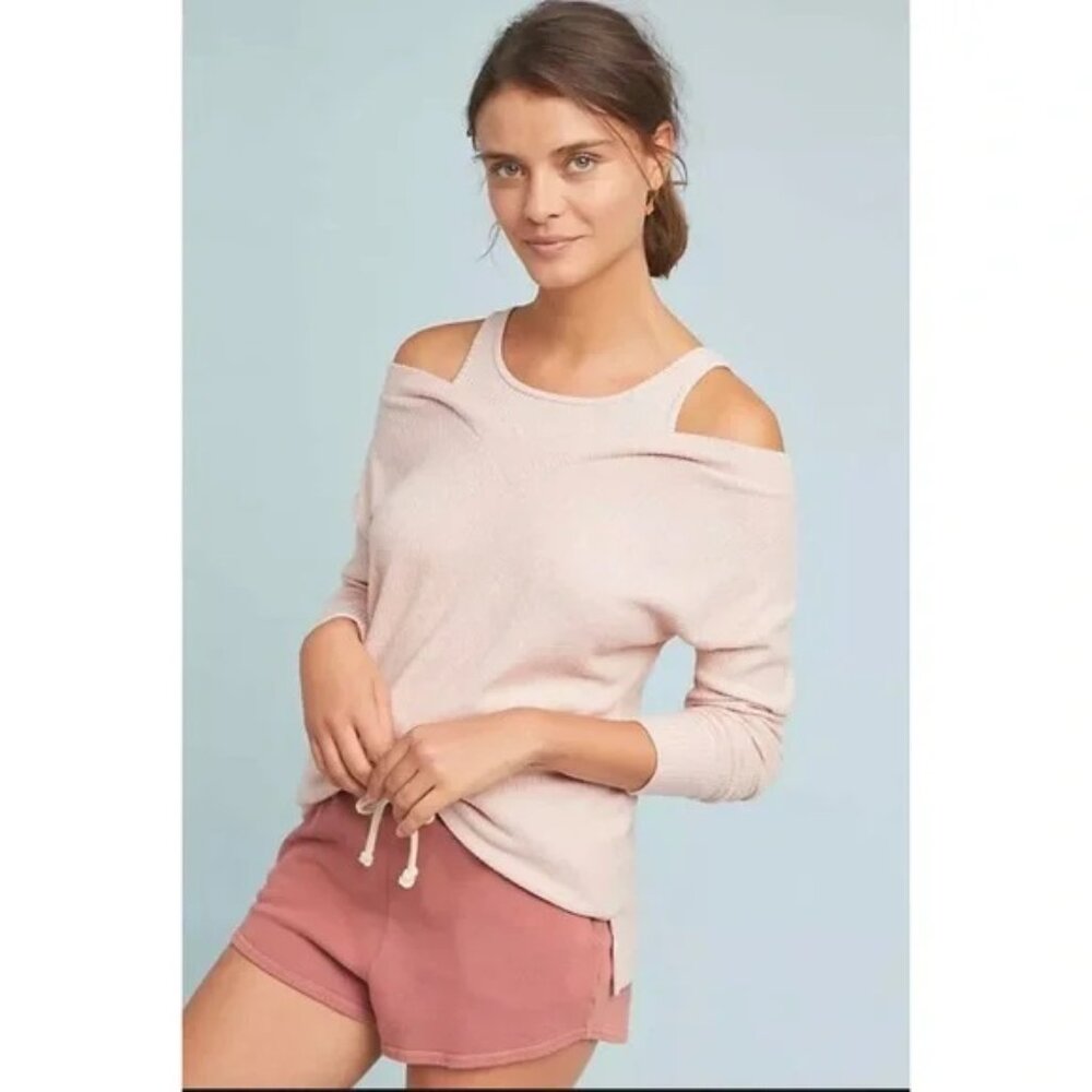 Anthropologie Saturday Sunday Cloudfleece Ribbed Top  Pullover Sz L Soft Pink